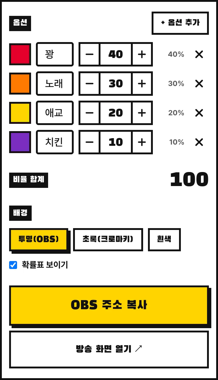 방송용 룰렛 설정 화면. 항목마다 비율과 확률이 보인다